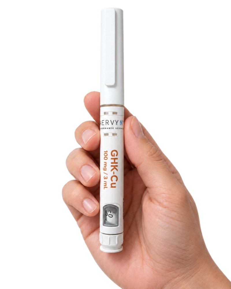 AERVYN GHK-Cu peptide pen, 100 mg / 3 mL, held in a hand