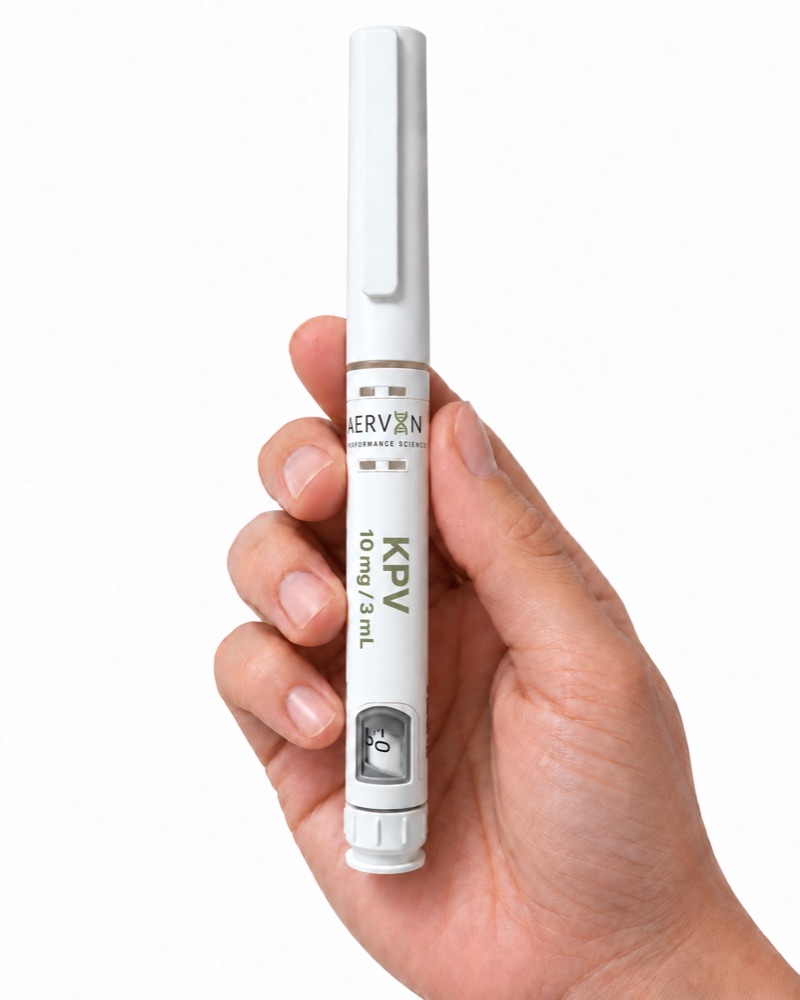 AERVYN KPV peptide pen, 10 mg / 3 mL, held in a hand